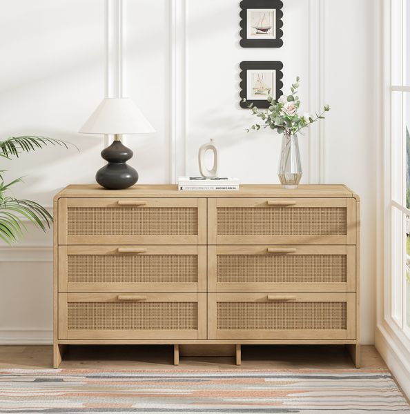 Bogenförmiger Ecken-Schrank mit 6 Rattan-Schubladen, natur, 130x40x74 cm