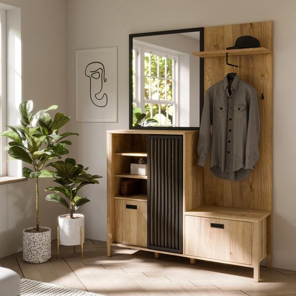 Forte JYTANA Garderobe 130, skandinavische Garderobe mit Spiegel, Kleiderstange und Aufbewahrung, Holzwerkstoff, Mauvella Eiche Holzdekor / Schwarz, 132 cm breit x 200,3 cm hoch x 40,2 cm tief