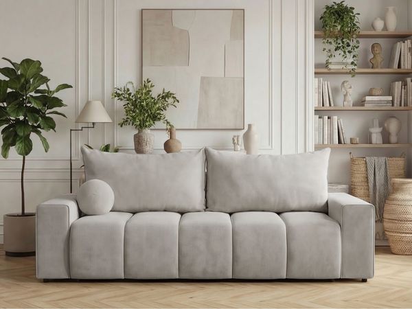 GRAINGOLD Schlafsofa Miro, mit Kissen, Couch 3-Sitzer, mit Wellenfeder und Bettkasten, Velour-Stoff, Hellgrau