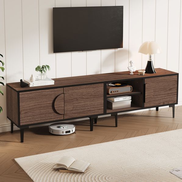 TV-Lowboard 180x35x49 cm mit 3 Schrankfächern und 2 offenen Ablagen – TV-Schrank in Dunkelwalnuss