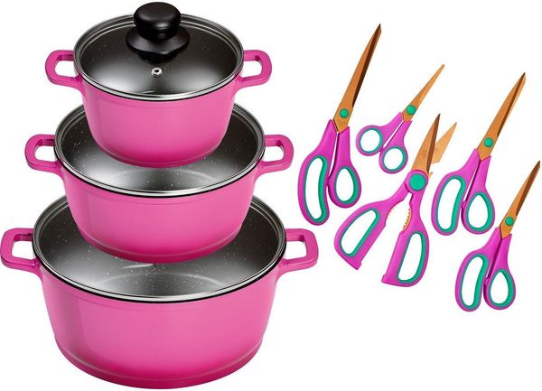 KING Topf-Set ALUGUSS, Aluminiumguss (Set, 11-tlg, je 1 Kochtopf mit Deckel 16/20/24 cm, 5 Haushaltsscheren), Induktion,Keramik-Antihaft-Beschichtung
