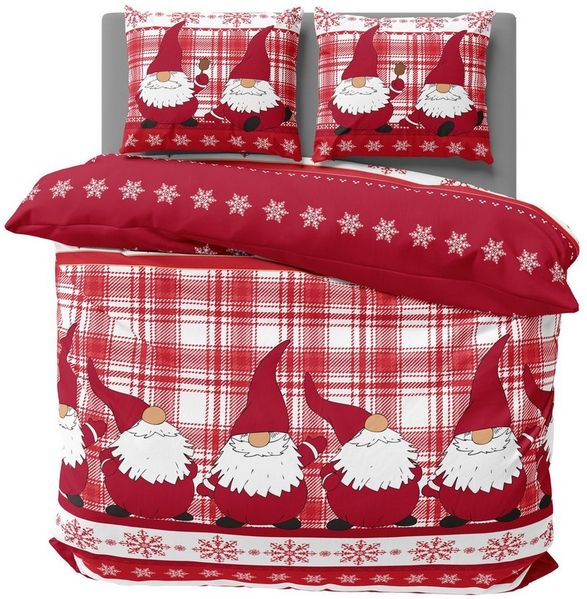 One Home Bettwäsche Wichtel Weihnachten Weihnachtsbettwäsche, Flanell, 3 teilig, Christmas kariert, Baumwolle kuschelig warm weich Biber Winter