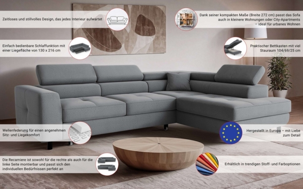 OTTO home Ecksofa AADEN Schlafsofa mit verstellbaren Kopfstützen, B/T/H: 254/199/90 cm, mit Bettfunktion und Bettkasten, Ottomane rechts/links bestellbar Bild 2