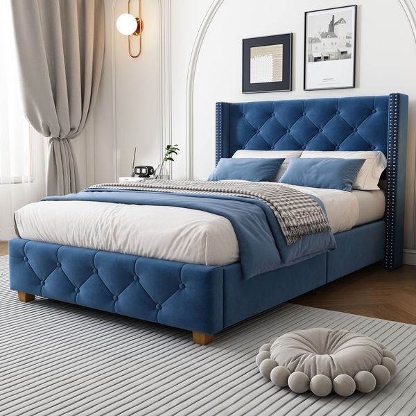 Polsterbett 90*200cm mit Lattenrost und Kopfteil, Knopfpolsterung, Nietenpolsterung, Holzbeine, Samt, Blau