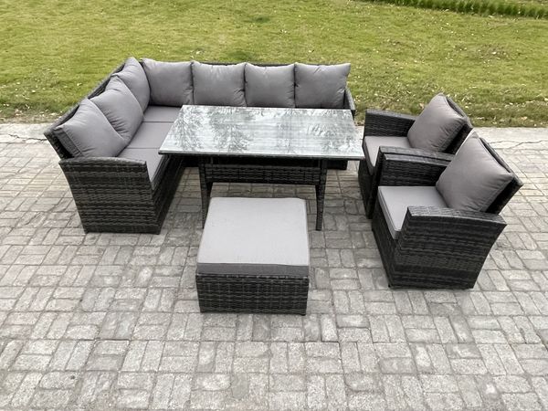 Fimous 9 Sitzer Outdoor Rattan Gartenmöbel-Set mit Rechteckiger Esstisch Großer Fußhocker 2 Sesseln Dunkelgrau gemischt