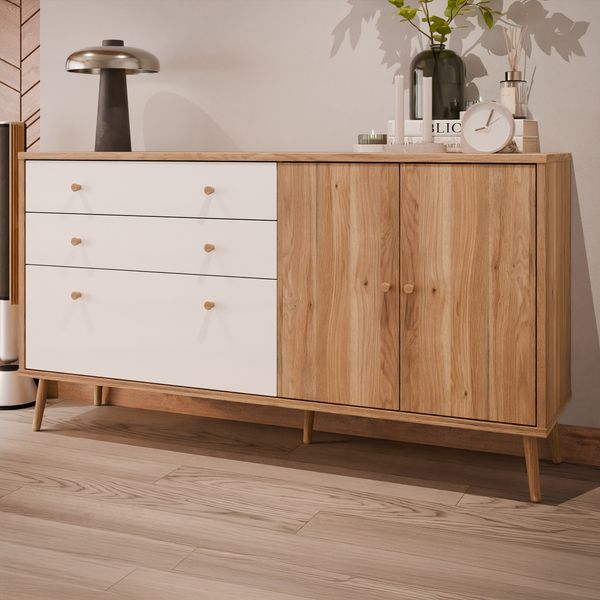 Forte HARLLSON Sideboard 160, EasyKlix by FORTE, Kommode mit 2 Schubladen und 3 Türen, Skandinavischer Stil, Holzwerkstoff, Mauvella Eiche Holzdekor/ Weiß, 160 cm breit x 86 cm hoch x 41 cm tief