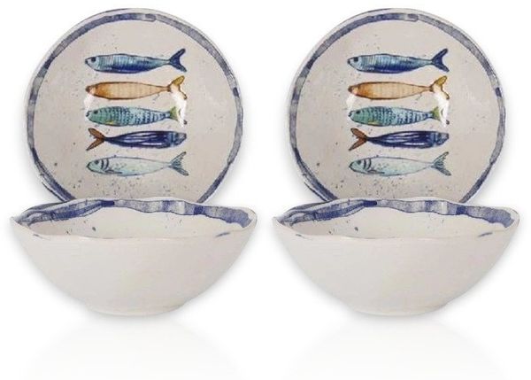 WestCraft Speiseteller Schüssel, mediterran mit Sardinen-Motiv, Maritime Bowl, Schale 16 cm, (4 St), 4er Set, hochwertig und robust - langlebig und vielseitig einsetzbar