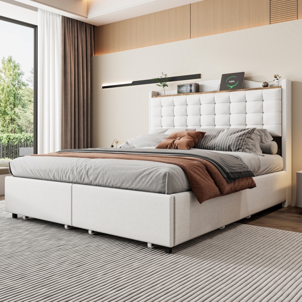 Polsterbett 140x200 cm mit Stauraum und USB-Anschluss – Leinenstoff in Beige