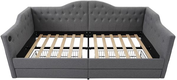 Daybed Vintage mit USB-C Laden & Schubladen - Graues Leinen Tagesbett 90x190 cm, Schlafsofa Gästebett mit Ladestation Bild 8