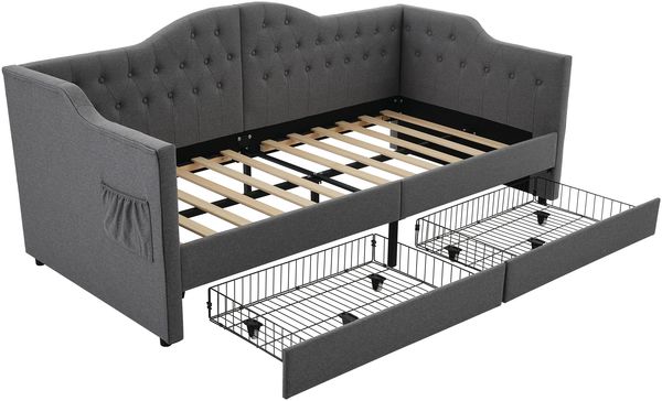 Daybed Vintage mit USB-C Laden & Schubladen - Graues Leinen Tagesbett 90x190 cm, Schlafsofa Gästebett mit Ladestation Bild 9