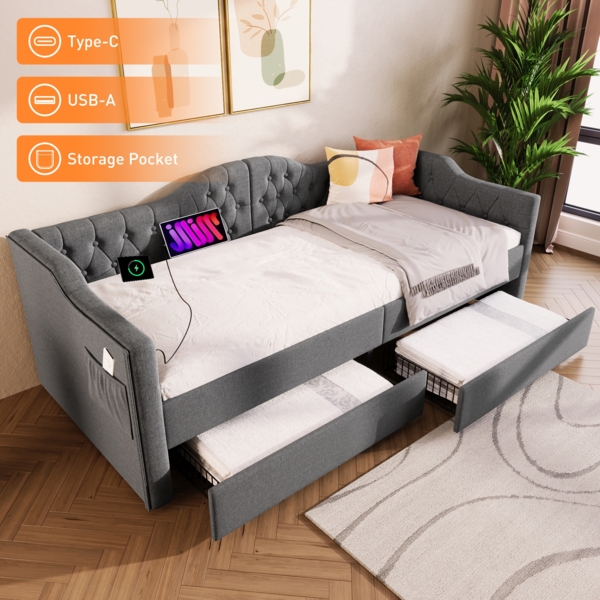 Daybed Vintage mit USB-C Laden & Schubladen - Graues Leinen Tagesbett 90x190 cm, Schlafsofa Gästebett mit Ladestation