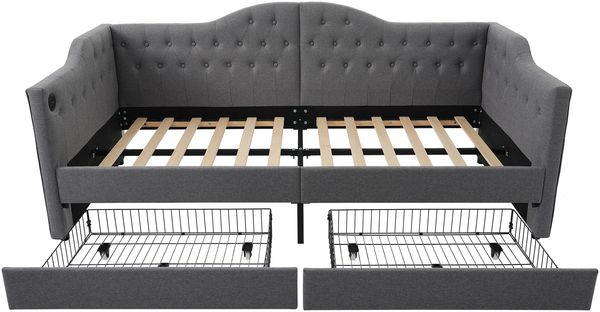 Daybed Vintage mit USB-C Laden & Schubladen - Graues Leinen Tagesbett 90x190 cm, Schlafsofa Gästebett mit Ladestation Bild 6