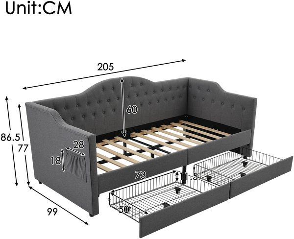 Daybed Vintage mit USB-C Laden & Schubladen - Graues Leinen Tagesbett 90x190 cm, Schlafsofa Gästebett mit Ladestation Bild 10
