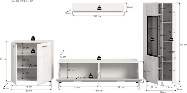 Wohnkombination (B/H/T: 315x160x41 cm) in weiß Nachbildung und weiß hochglanz tiefzieh Bild 4