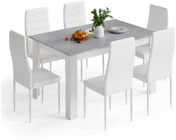 Mondeer Essgruppe Esszimmergruppe (Set, 7-tlg), 1 Tische mit 6 weiß Stühlen
