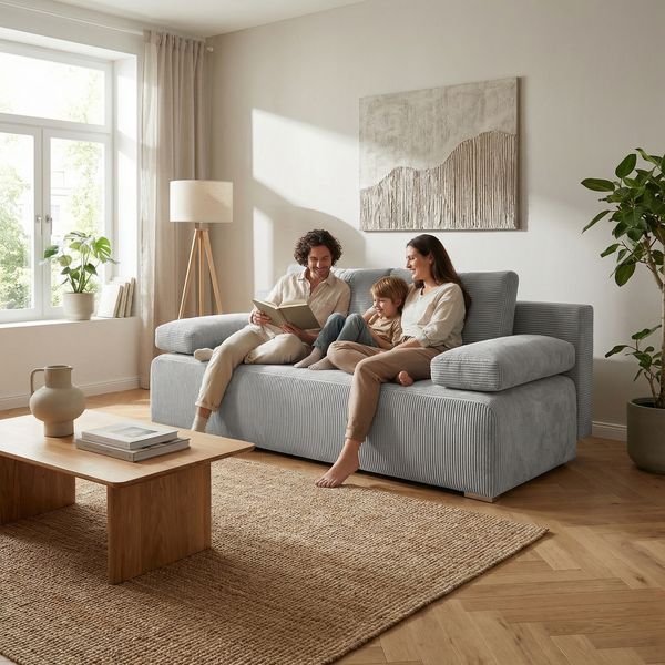 Wohnero 24 Zaya Premium Schlafsofa 201x91 cm mit Bettkasten & DL-Automatik – 201x137 cm Liegefläche, 3-Sitzer Sofa mit Schlaffunktion - Dunkelgrau