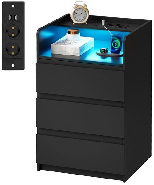 BEWISHOME Nachttisch mit LED-Beleuchtung, Steckdosen & USB-Anschlüssen, 40x35x68cm (1-St), Moderner Schlafzimmerschrank mit Stauraum