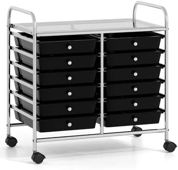 Rollwagen mit 12 Stapelbaren Schubladen & Ablagefläche Schubladenwagen Rollcontainer Badrollwagen Schwarz