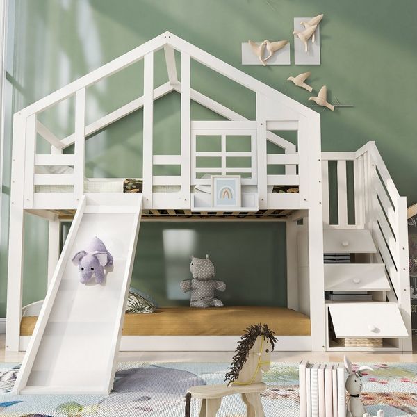 Flieks Etagenbett, Kinderbett Hausbett Hochbett mit Rutsche und Stauraumtreppe 90x200cm