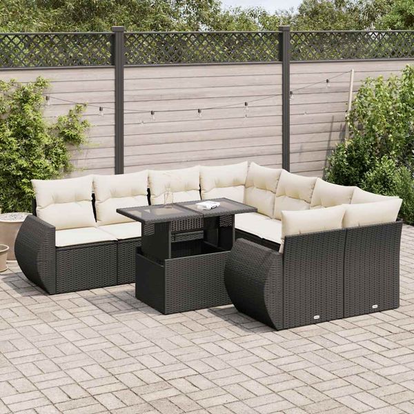 vidaXL 9-tlg. Garten-Sofagarnitur mit Kissen Schwarz Poly Rattan 3326607