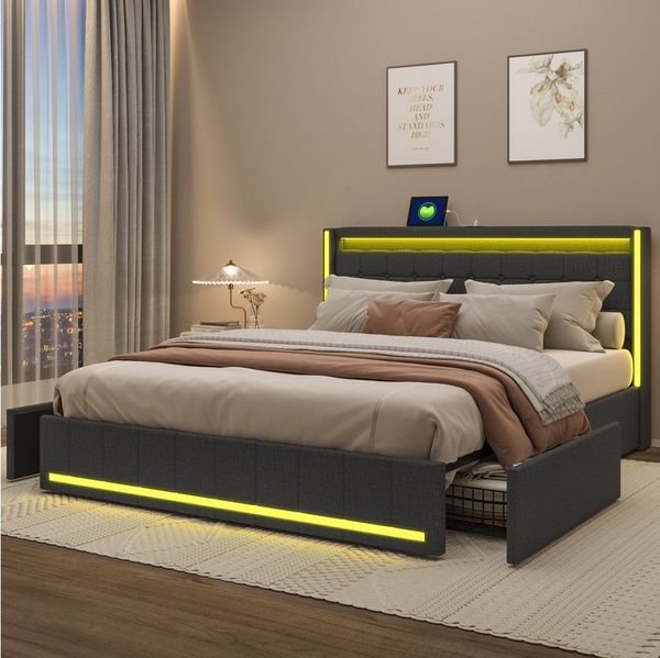 PXloue Polsterbett LED Doppelbett 140x200 cm (Inklusive USB-Typ-C-Ladeanschluss), Stauraumbett,mit Bettrahmen und 4 Schubladen,160x200cm,Leinen