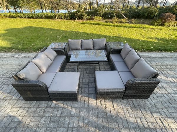 Fimous Polyrattan Gartenmöbel Set 11-Sitzer Polyrattan Garten Sofa im Freien Set mit 2 Beistelltischen Rechteckiger Esstisch 2 hohen Hockern Dunkelgrau Gemischt