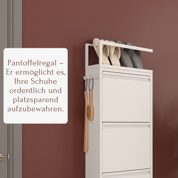 Schuhkipper mit Zubehör, Weiß, 4 Klappen 52x15x151 cm, Pantoffelregal, Hakenleiste