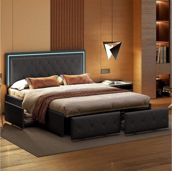 Furnishings Home Polsterbett Doppelbett LED Stauraumbett Modern (inkl. Verstellbare Kopfteilhöhe, Vier Schubladen), Mit LED-Beleuchtung, Lattenrost, Kunstleder, 140x200 cm