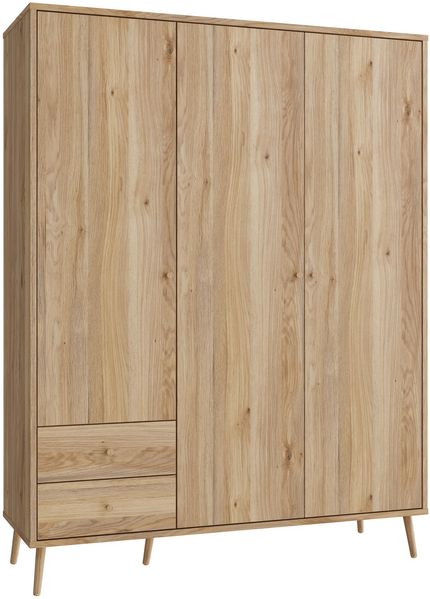 Forte HARLLSON Kleiderschrank 160, Mid-Century-Modern, leichte Montage Dank EasyKlix by Forte, 3-türig, 2 Schubladen, Mauvella Eiche Holzdekor, 154,2 cm breit x 201,7 cm hoch x 52,2 cm tief