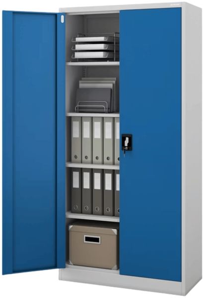 Aktenschrank abschließbar JAN - 5 Ebenen verstellbar, Flügeltüren | Metallschrank Werkstatt Mehrzweckschrank Büroschrank aus Stahl Werkzeugschrank, 195x90x40cm Grau-Blau