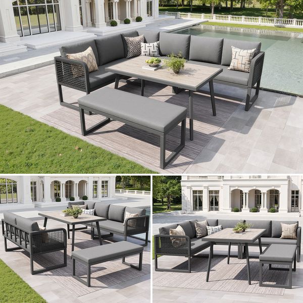 Gartenmöbel Set mit Hochwertigen Sitzkissen & Rückenkissen, Garten Loungesessel für 6-8 Personen, SetHandgeflochtene PE-Rattan Polstergruppe, Wetterfestes Terrassen Sofa Set,Grau
