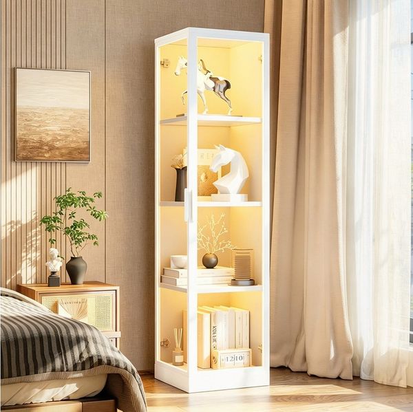 TWSOUL Glasvitrine Ausstellungsschrank mit LED -Leuchten, Helligkeitsregelung, 160cm Aluminiumrahmen, einteiligen Glastüren modernes Design für Wohnzimmer