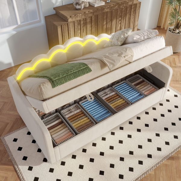 Schlafsofa mit LED-Beleuchtung, Bettkasten und Lattenrost, 90x200 cm, Einzelbett, Polsterbett, Samt, beige