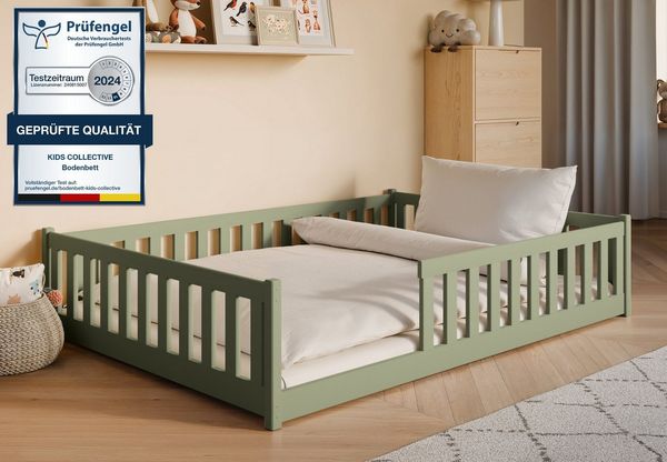 Kids Collective Kinderbett Bodenbett Bett mit Rausfallschutz & Lattenrost Montessori Bett Kinder (weitere Größen 80x160, 80x180, 90x190, 90x200, 120x200 cm), Jugendbett Einzelbett optional mit Matratze Olivgrün Kiefer 140x200 cm