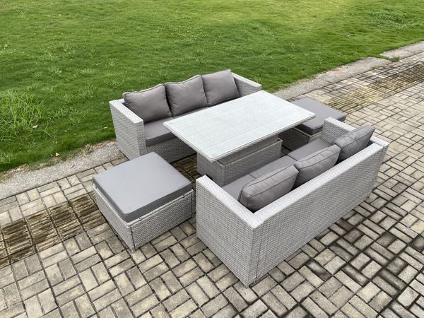 Fimous Polyrattan Gartenmöbel Set mit 2 Sofa; Höhe verstellbar Esstisch und 2 Großer Hocker Outdoor Terrassen Essgruppe Helles Grau