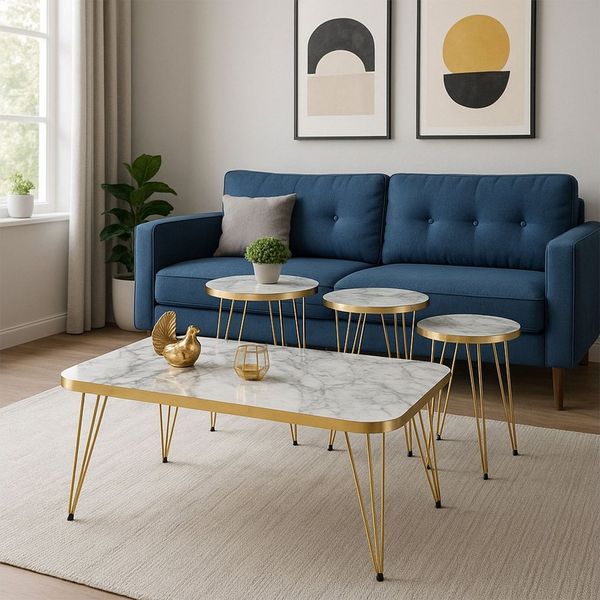 Jungengel Couchtisch Marmor 4-Teilig Beistelltisch Wohnzimmer Tisch Goldgestell Barock (Couchtisch-Set, 4-teilig, 4-St, 4-teiliges Couchtisch-Set), Luxus Couchtisch-Set in Marmoroptik Schwarz/Weiß mit goldenen Akzenten