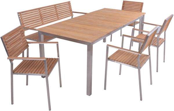 Garten-Sitzgruppe STINA 6-tlg. Teak Hellbraun Edelstahl Bank mit Lehne | Gartenmöbel-Set Gartengarnitur Garten-Essgruppe mit Stühlen und Esstisch