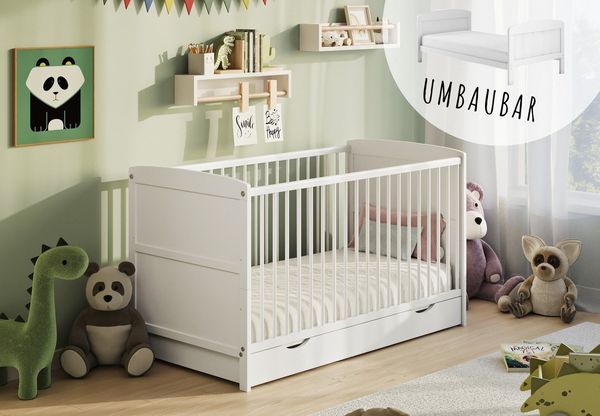 Kids Collective Babybett Kinderbett 60x120/70x140 cm umbaubar zu höhenverstellbares Lattenrost, 60x120 cm Weiß mit Schublade von Geburt bis 3. Lebensjahr