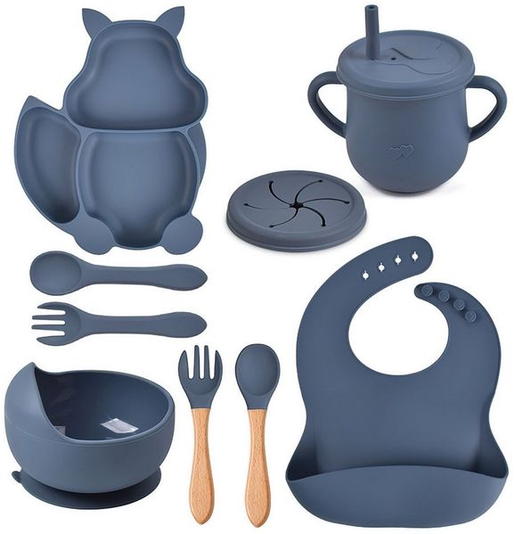 AIMAX Kindergeschirr-Set Baby-Teller 8-teiliges Set Kinderteller mit Saugnapf, Kindergeschirr Teller Lätzchen Schüssel Löffel Gabel Trinkbecher