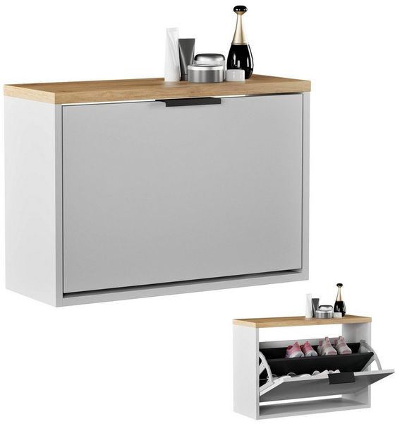 Planetmöbel Schuhschrank schmal mit 1 Klappe platzsparender Schuhregal mit 2 Ablagen, Schuhkommode für Diele, Flur, Garderobe 60 x 23 x 42,5 cm, weiß grau