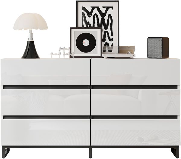Merax 140cm Sideboard, Wohnzimmerschrank mit 6 Schubladen, Hochglanz-Kommode, Schrank mit 3 Metallbeinen, Weiß+Schwarz Bild 10