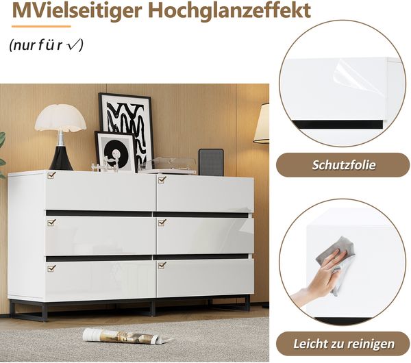 Merax 140cm Sideboard, Wohnzimmerschrank mit 6 Schubladen, Hochglanz-Kommode, Schrank mit 3 Metallbeinen, Weiß+Schwarz Bild 5