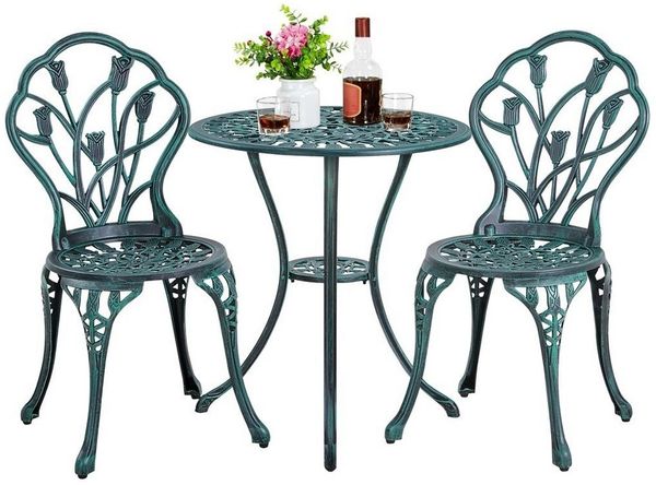 Yaheetech Balkonset mit 2 Stühlen und Ø 60 cm Tisch, Aluminiumguss, Grün