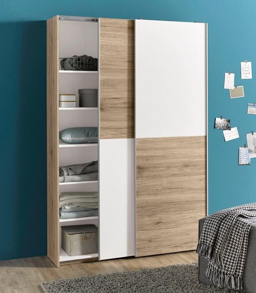 Stella Trading FAST Eleganter Kleiderschrank / Garderobenschrank mit viel Stauraum - Vielseitiger Schwebetürenschrank in San Remo Optik, weiß - 125 x 195 x 38 cm (B/H/T)