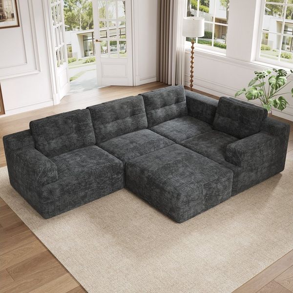 Merax Ecksofa Modulares Sofa U-/L-Form, 5-Sitzer rahmenloses Sofa, Kombinationssofa Wohnlandschaft 252 x 180 x 82 cm 1 Teile, Vollschaum Couch ohne Montage, Sofa mit Hocker, Chenille