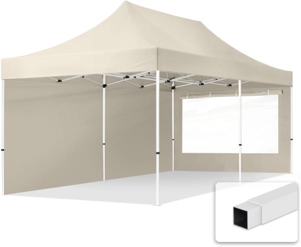 3x6 m Faltpavillon, ECONOMY Stahl 30mm, Seitenteil mit Panoramafenster, creme