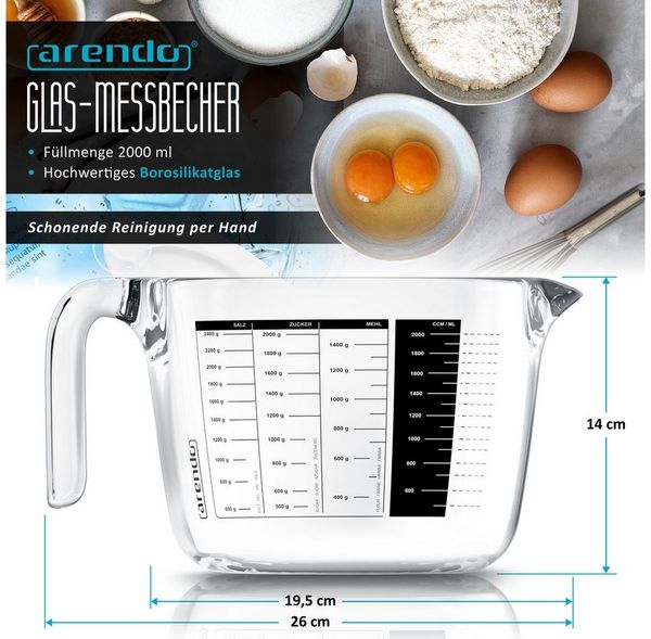 Arendo Messbecher 2000 ml Glas Messkrug Set, Borosilikatglas, hitzebeständig, Glas, 2 l, präzise Skala, hitzebeständig, mikrowellengeeignet, Küchenhelfer