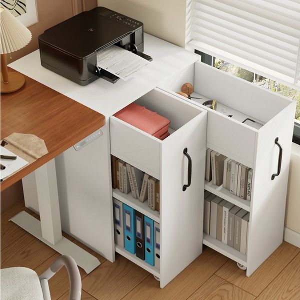 Flieks Bücherregal mit Rollen und 2 Schubladen Weiß/Schwarz, B52/T50/H75 cm 1-tlg, Mehrzweckschrank mit 6 Fächern Büroschrank Holzschrank Beistellschrank