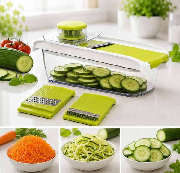 Haushalt International Gemüsehobel Küchenhelfer Küchenmandoline 3 Aufsätze Kunststoff, Kunststoff, (Stück, 1-St, Packung), Gemüseschneider, Raspel, 1,4 Liter, Julienne, Hobel