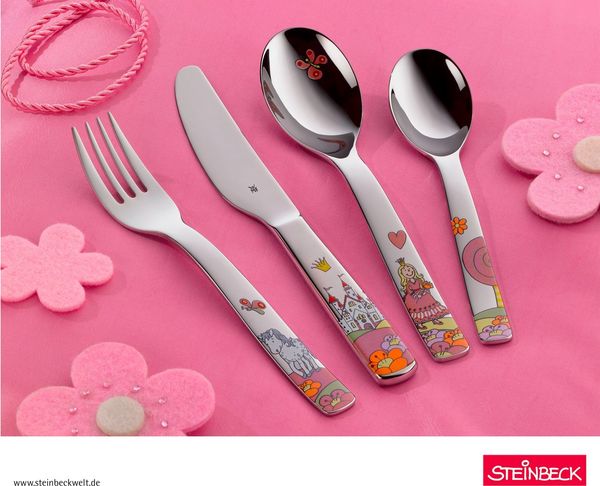WMF Prinzessin Anneli Kinderbesteck Set 4-teilig, Kinderbesteck Mädchen Edelstahl, Kinderbesteck ab 3 Jahre, Cromargan poliert, spülmaschinengeeignet